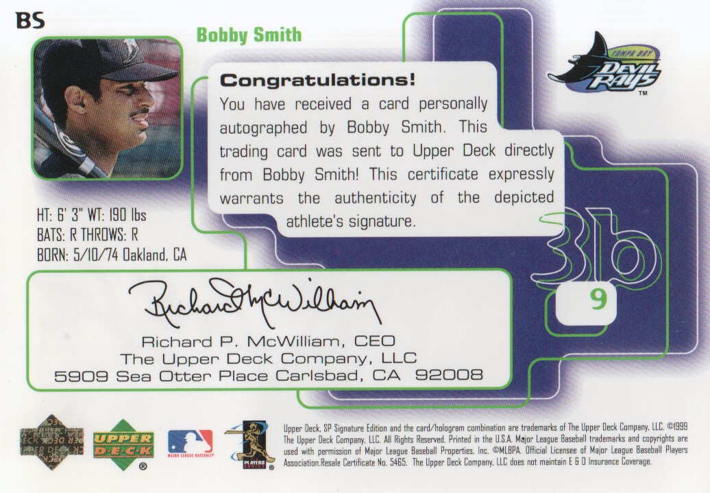 1999 SP Signature Autographs #BS Bobby Smith back image