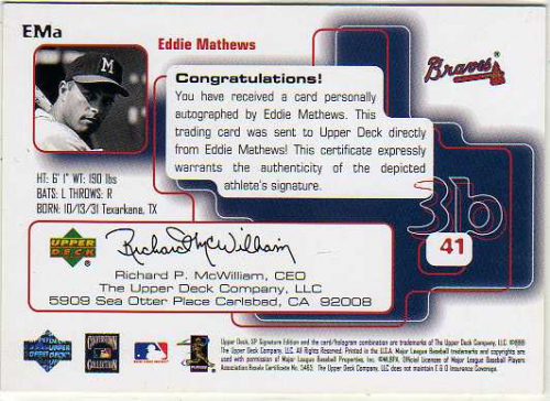 1999 SP Signature Autographs #EMA Eddie Mathews back image