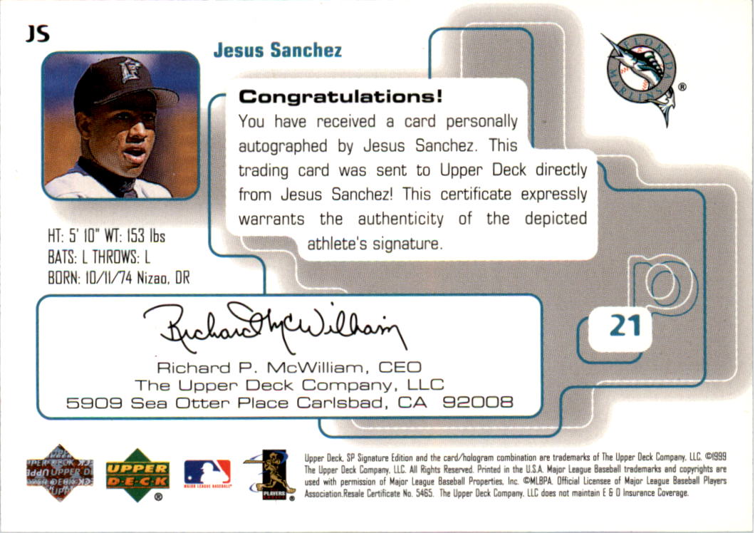 1999 SP Signature Autographs #JS Jesus Sanchez back image
