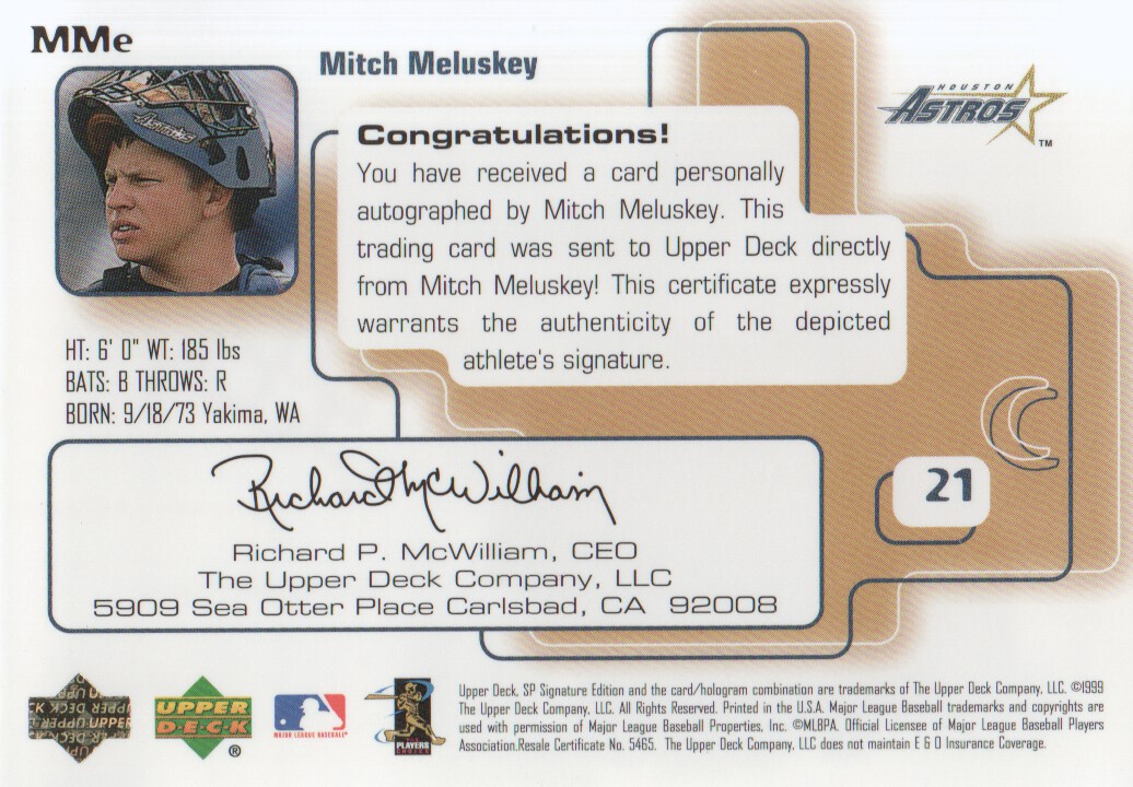 1999 SP Signature Autographs #MME Mitch Meluskey back image