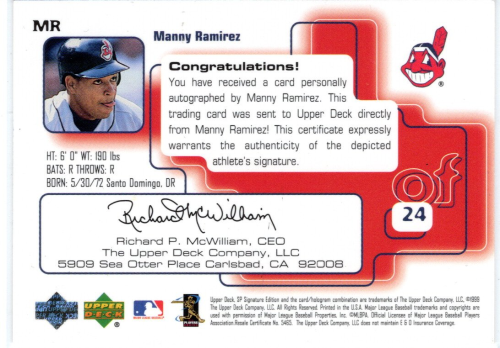 1999 SP Signature Autographs #MR Manny Ramirez back image