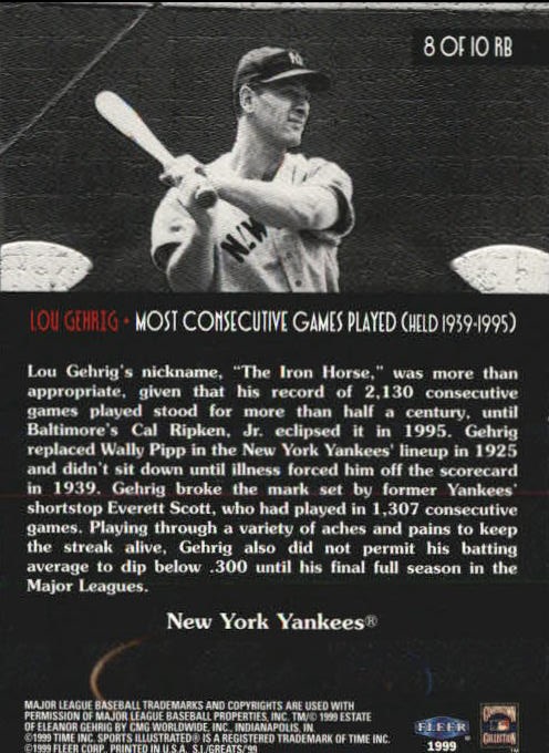 1999 Sports Illustrated Greats of the Game Record Breakers #8 Lou Gehrig back image