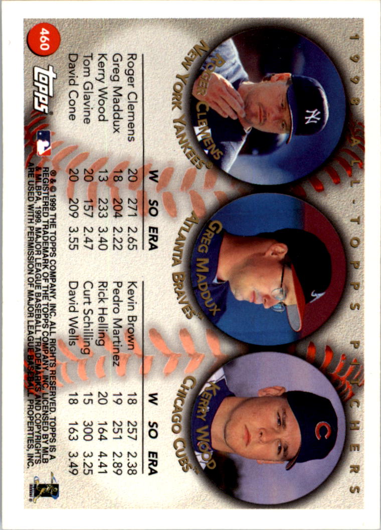 1999 Topps #460 Clemens/Wood/Maddux AT back image