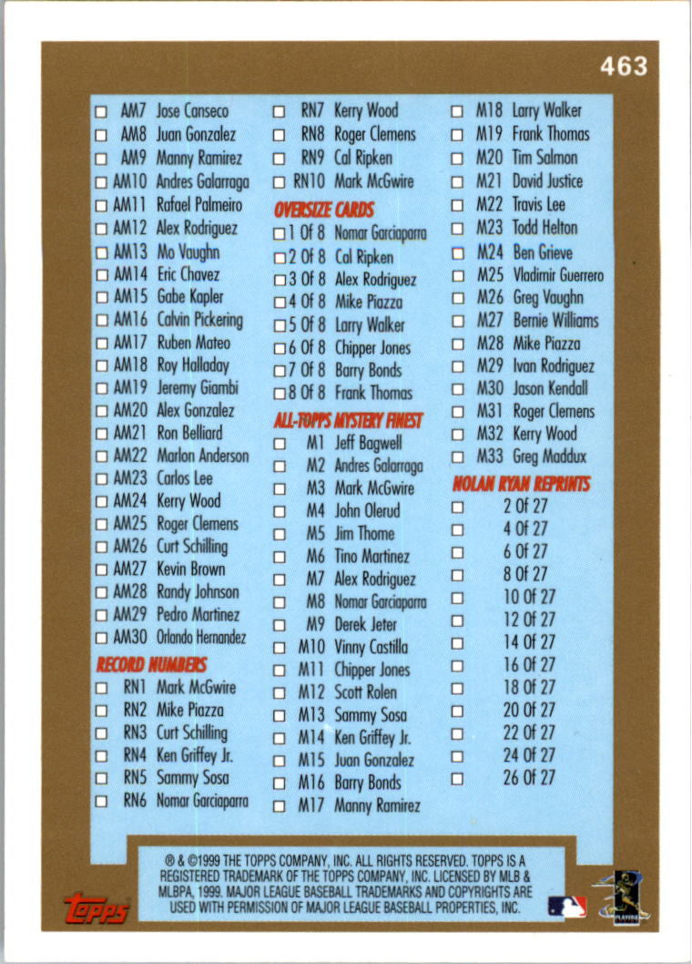 1999 Topps Baseball Card Pick (Base) 275-463 - Picture 355 of 355