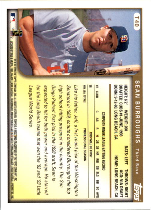 1999 Topps Traded Autographs #T40 Sean Burroughs back image