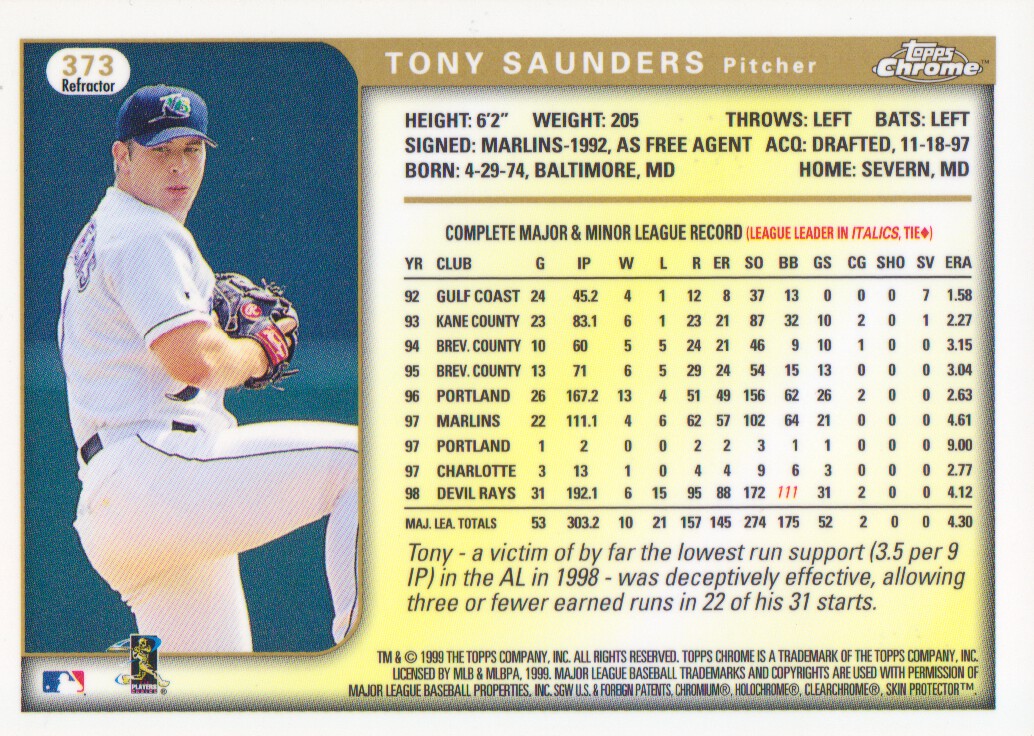 1999 Topps Chrome Refractors #373 Tony Saunders back image