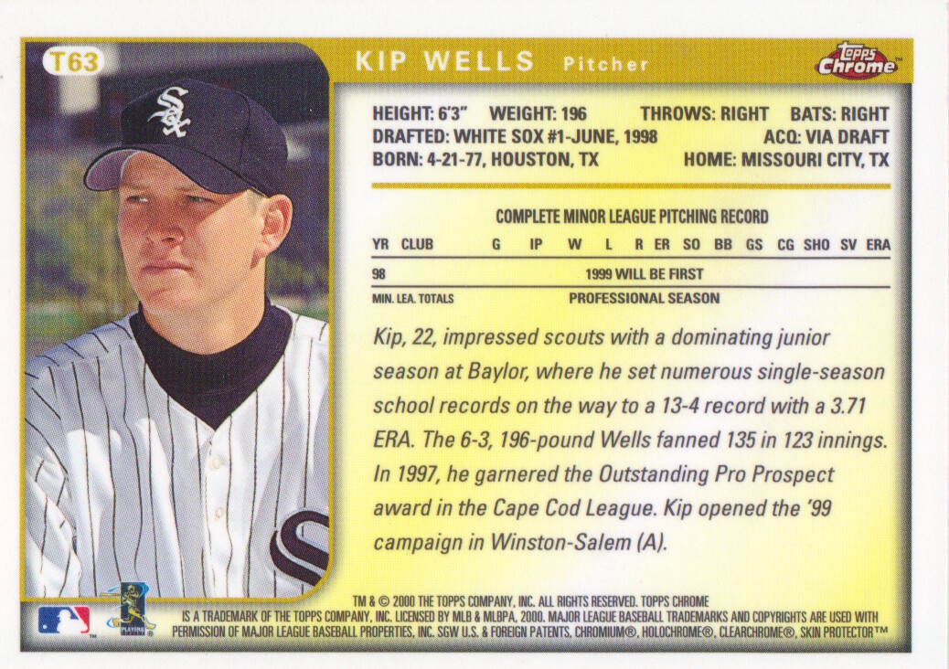 1999 Topps Chrome Traded #T63 Kip Wells RC back image