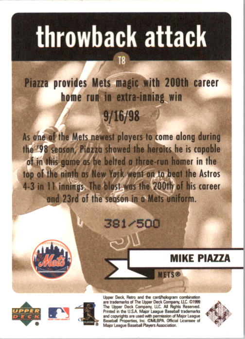 1999 Upper Deck Retro Throwback Attack Level 2 #T8 Mike Piazza back image