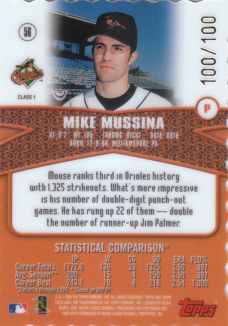 2000 Topps Gold Label Class 1 Gold #56 Mike Mussina back image