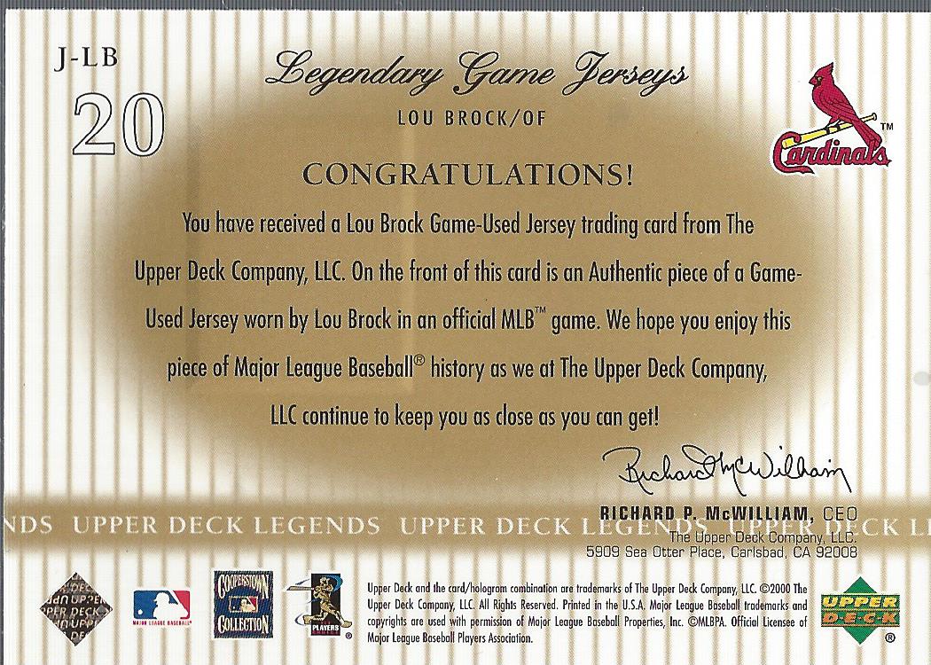 2000 Upper Deck Legends Legendary Game Jerseys #JLB Lou Brock back image