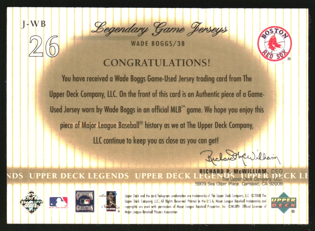 2000 Upper Deck Legends Legendary Game Jerseys #JWB Wade Boggs back image