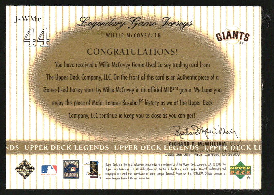 2000 Upper Deck Legends Legendary Game Jerseys #JWMC Willie McCovey back image