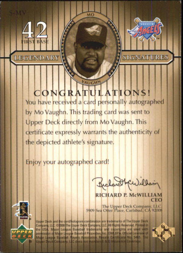 2000 Upper Deck Legends Legendary Signatures Gold #SMV Mo Vaughn back image