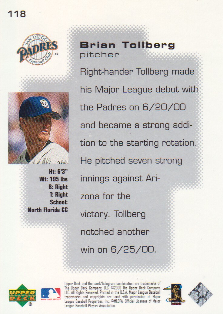 2000 Upper Deck Pros and Prospects #118 Brian Tollberg PS RC back image