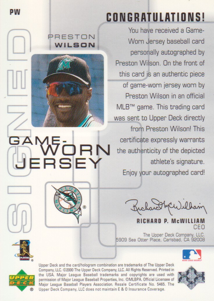 2000 Upper Deck Pros and Prospects Game Jersey Autograph #PW Preston Wilson back image