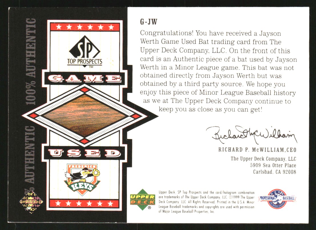 2000 SP Top Prospects Game Used Bats #GJW Jayson Werth
