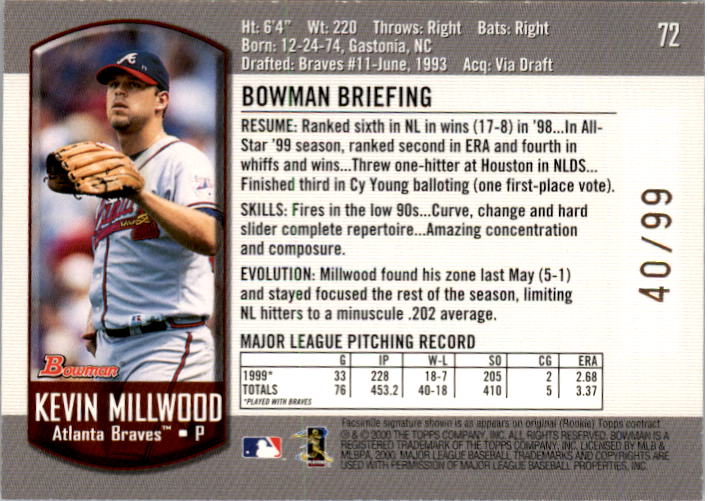2000 Bowman Gold #72 Kevin Millwood back image