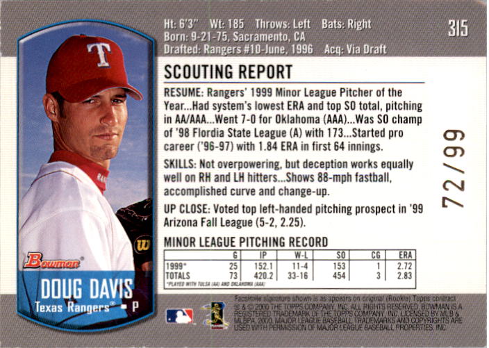 2000 Bowman Gold #315 Doug Davis back image