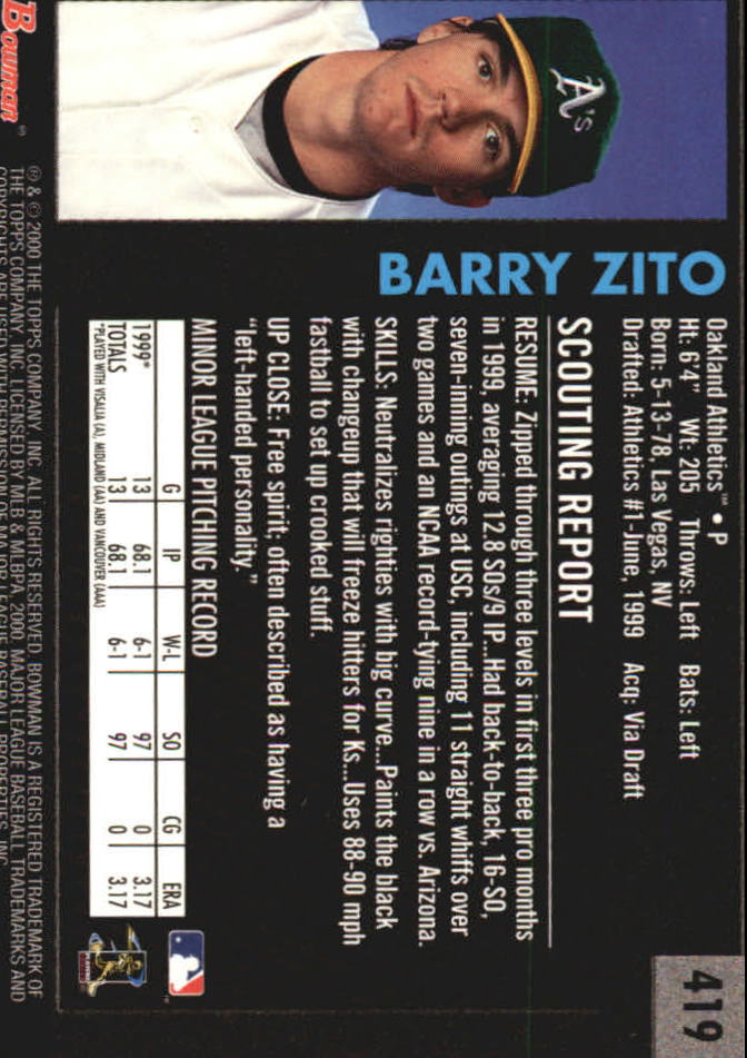 2000 Bowman Retro/Future #419 Barry Zito back image