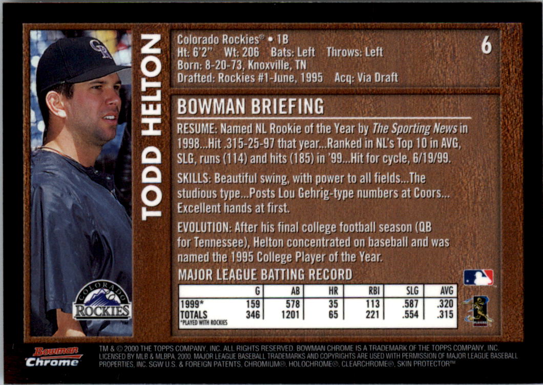 2000 Bowman Chrome Retro/Future #6 Todd Helton back image