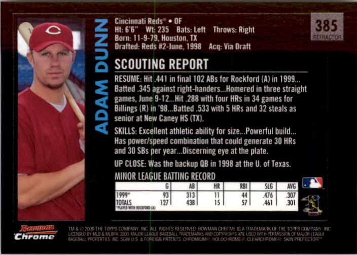 2000 Bowman Chrome Retro/Future Refractors #385 Adam Dunn back image
