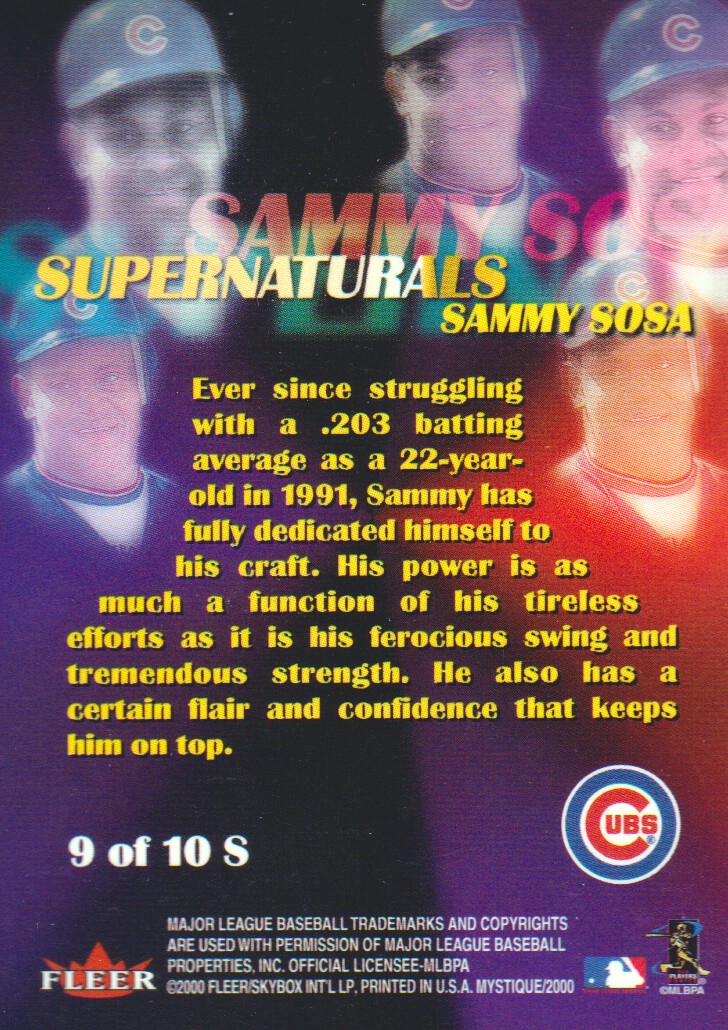 2000 Fleer Mystique Supernaturals #9 Sammy Sosa back image