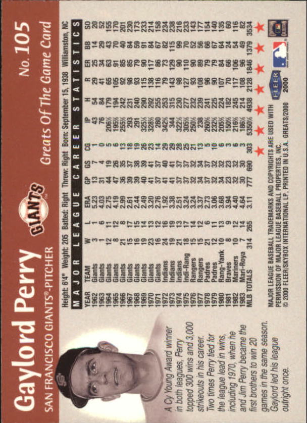 2000 Greats of the Game #105 Gaylord Perry back image