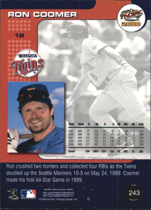 2000 Pacific Platinum Blue #243 Ron Coomer back image