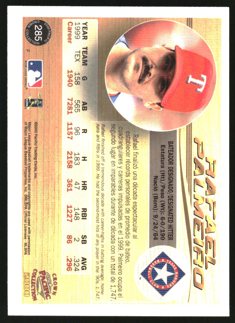 2000 Pacific Crown Collection Premiere Date #285 Rafael Palmeiro back image