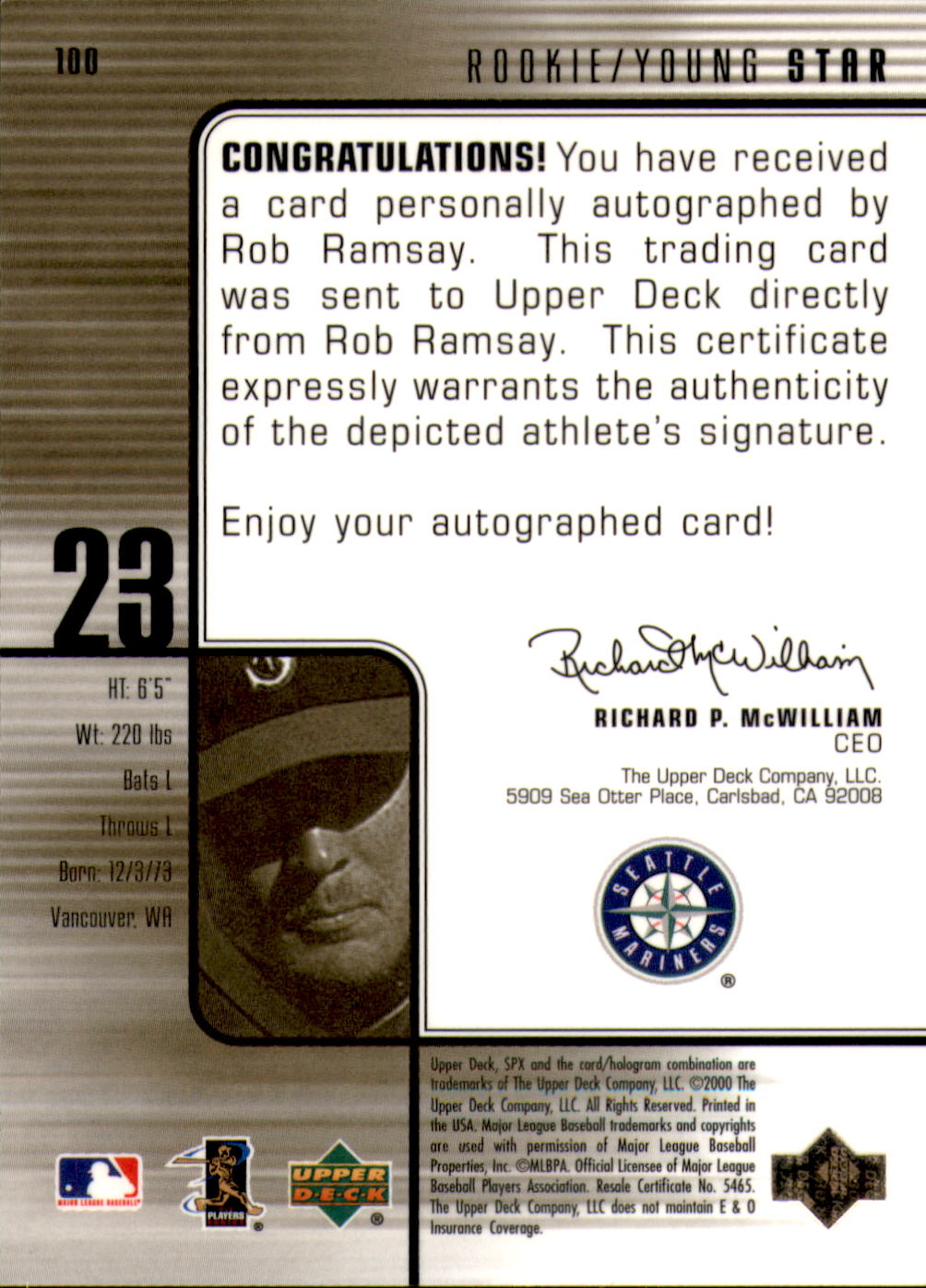 2000 SPx #100 Rob Ramsay AU/1500 back image