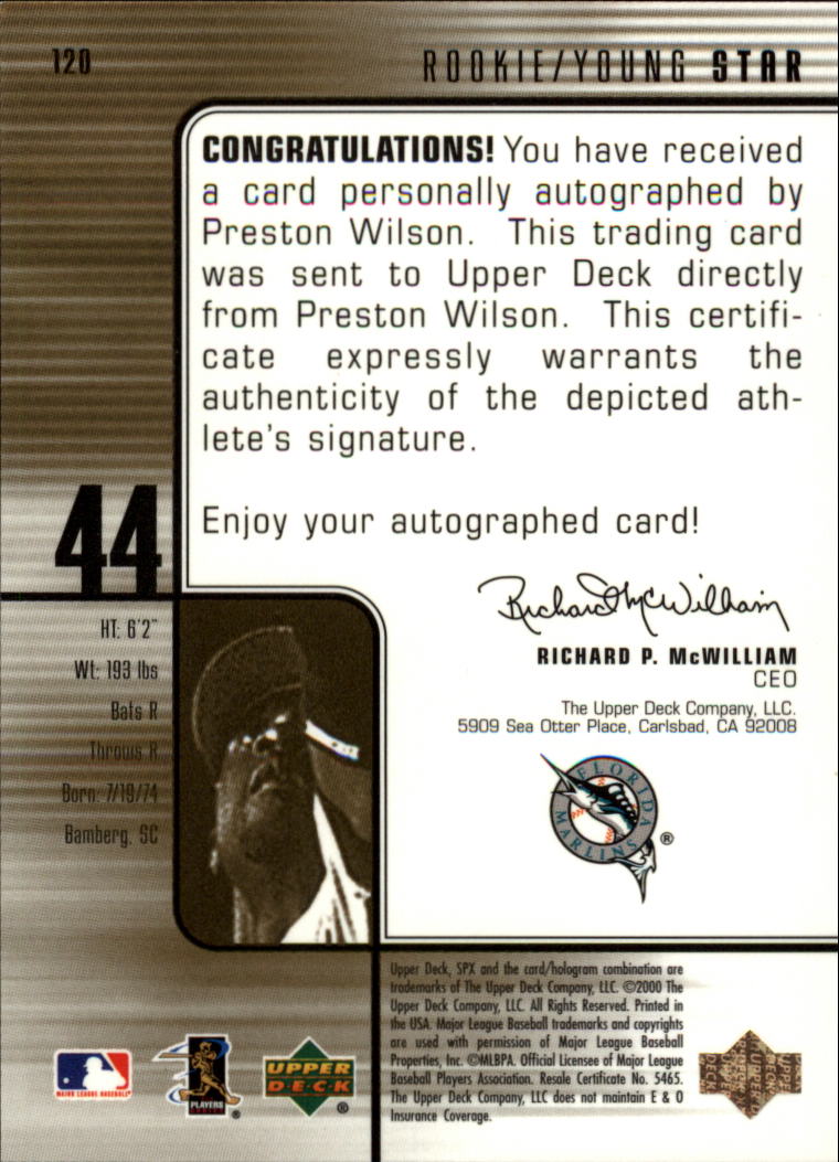 2000 SPx #120 Preston Wilson AU/1500 back image