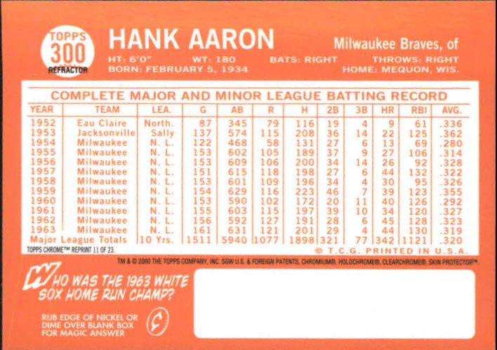 2000 Topps Aaron Chrome Refractors #11 Hank Aaron 1964 back image