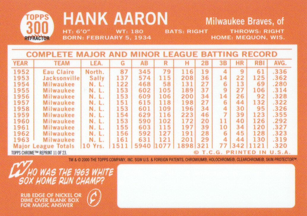 2000 Topps Aaron Chrome Refractors #11 Hank Aaron 1964 back image