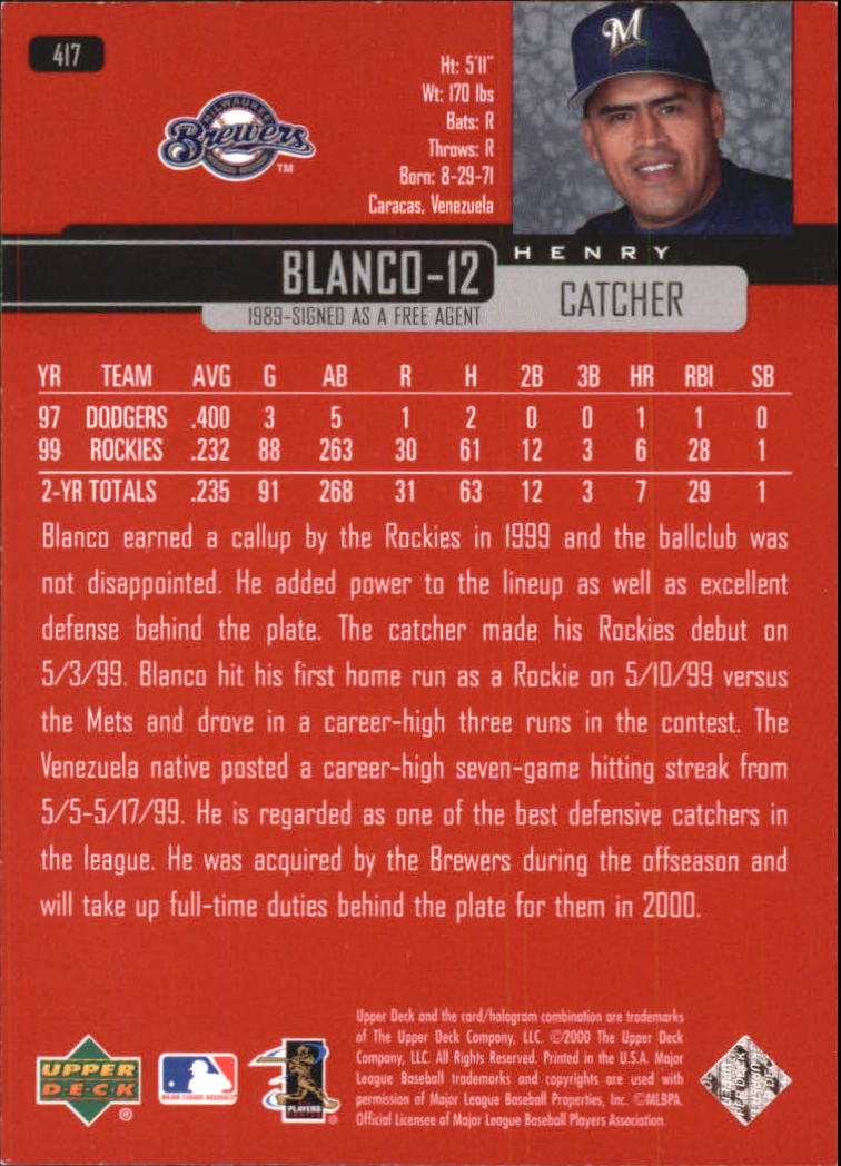 2000 Upper Deck Exclusives Silver #417 Henry Blanco back image