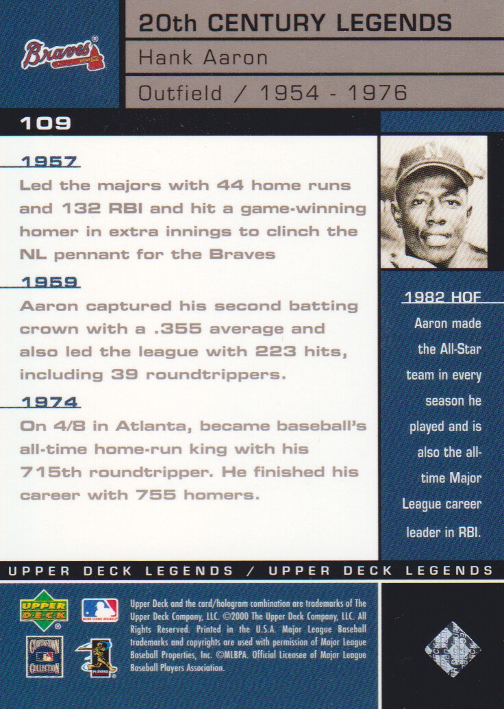 2000 Upper Deck Legends #109 Hank Aaron 20C back image