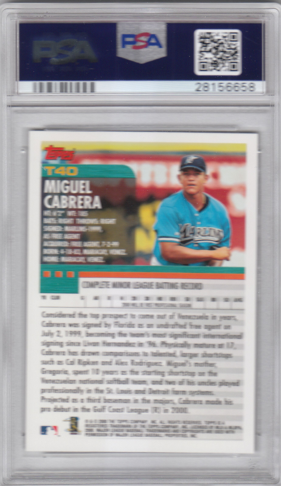 Miguel Cabrera Florida Marlins Autographed 2000 Topps Traded #T40