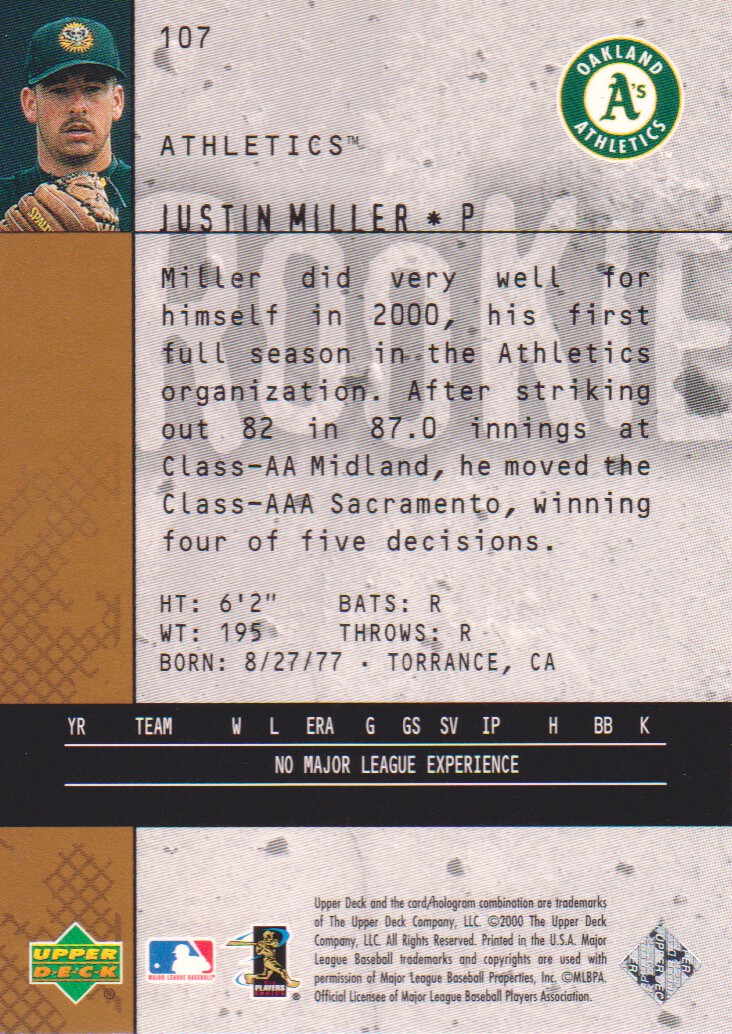 2000 Black Diamond Rookie Edition #107 Justin Miller RC back image
