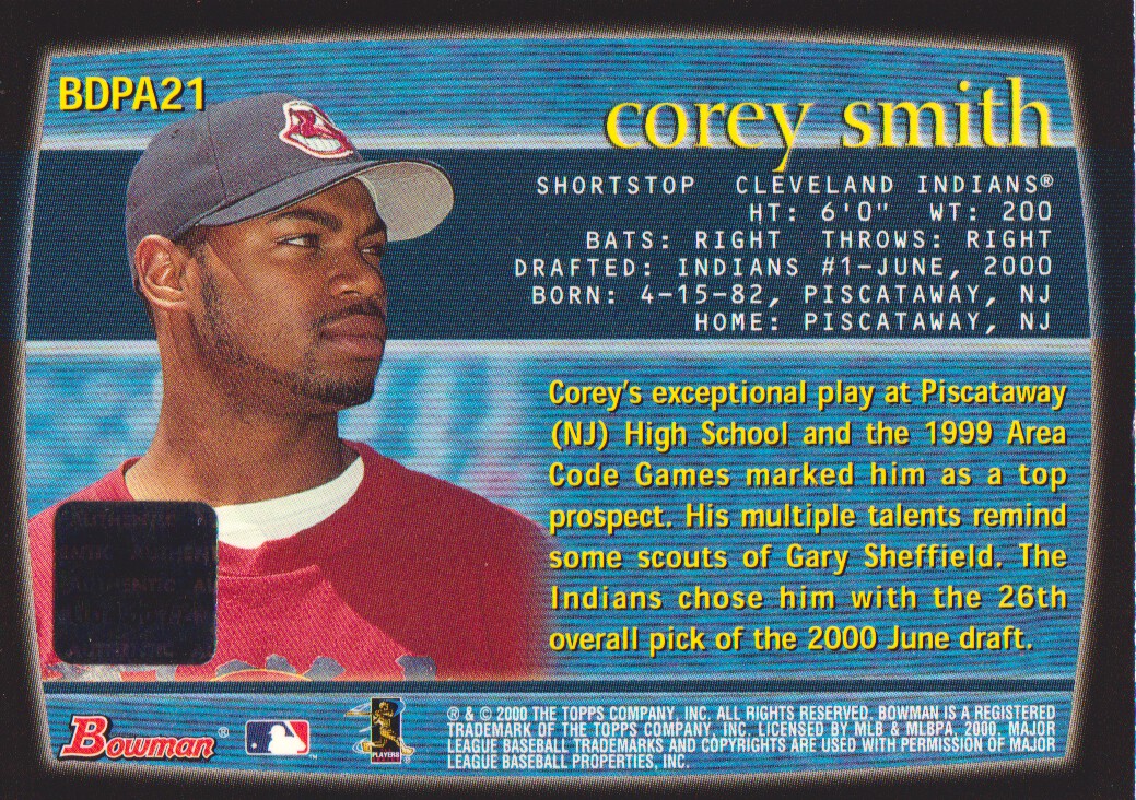 2000 Bowman Draft Autographs #BDPA21 Corey Smith back image