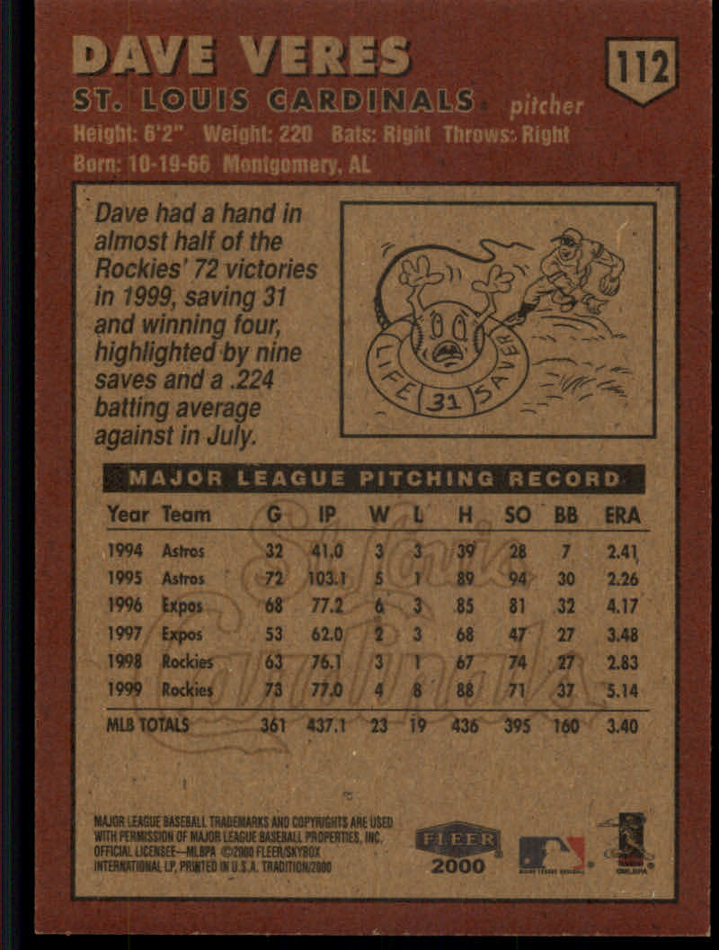 2000 Fleer Tradition Baseball "Main Set" Base Cards #1 to #225 - Picture 213 of 435