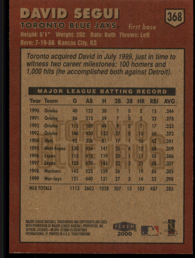 2000 Fleer Tradition Baseball "Main Set" Base Cards #226 to #450 - Picture 285 of 445