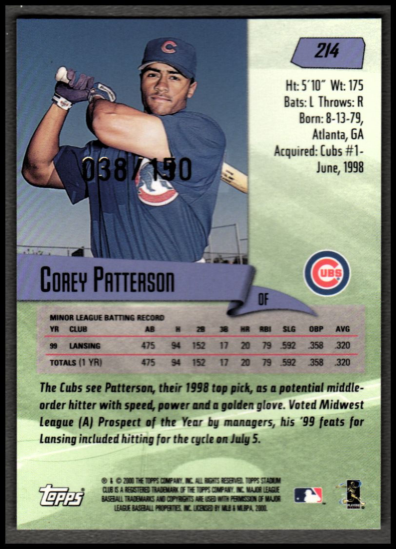 2000 Stadium Club One of a Kind #214 Corey Patterson back image
