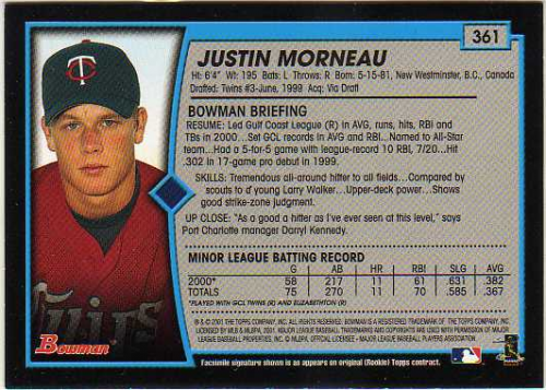 2001 Bowman #361 Justin Morneau RC back image