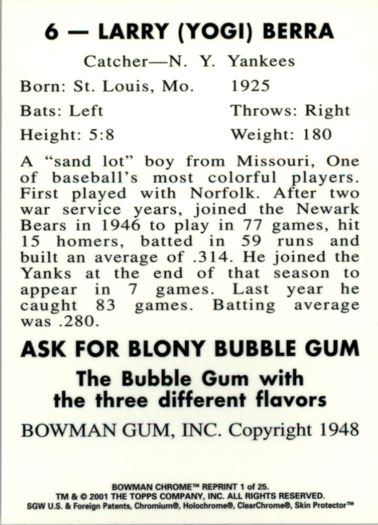 2001 Bowman Chrome Rookie Reprints #1 Yogi Berra back image