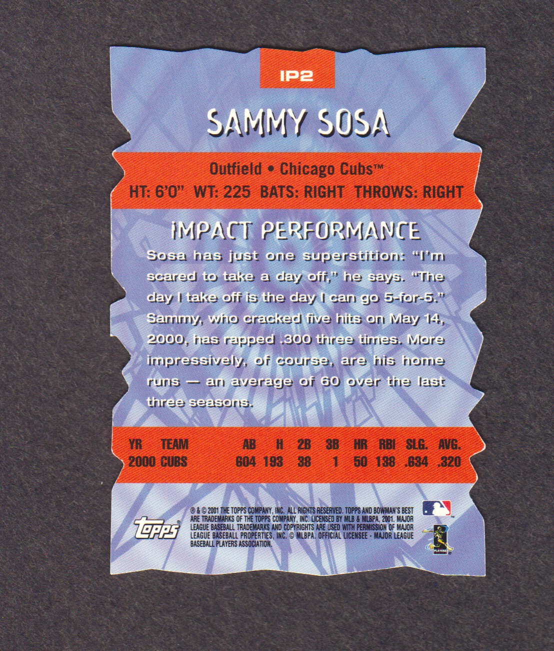 2001 Bowman's Best Impact Players #IP2 Sammy Sosa back image