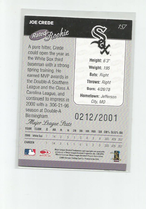 2001 Donruss #157 Joe Crede RR back image