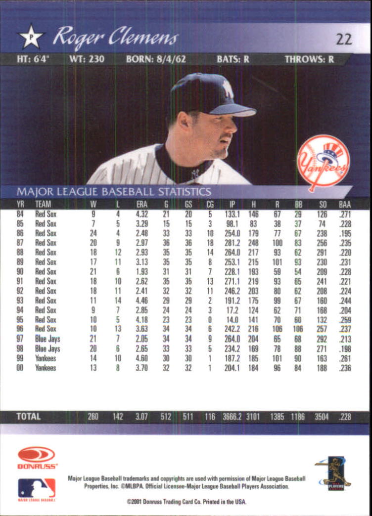 2001 Donruss Baseball's Best Silver #22 Roger Clemens back image