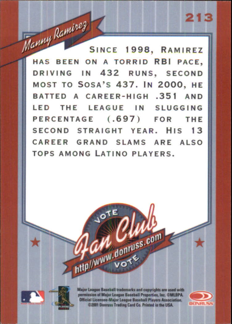 2001 Donruss Baseball's Best Silver #213 Manny Ramirez Sox FC back image