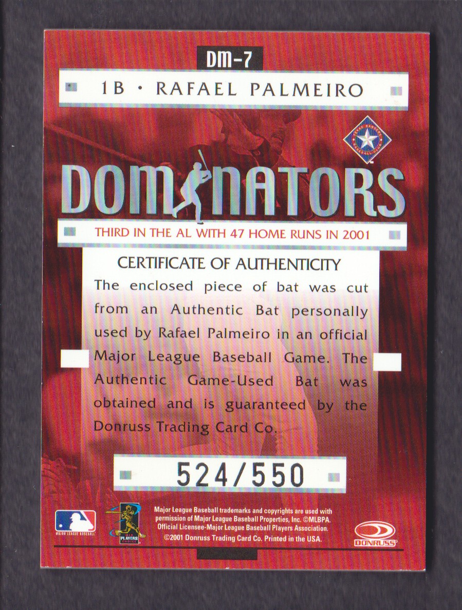 2001 Donruss Class of 2001 Diamond Dominators #DM7 Rafael Palmeiro Bat/550 back image