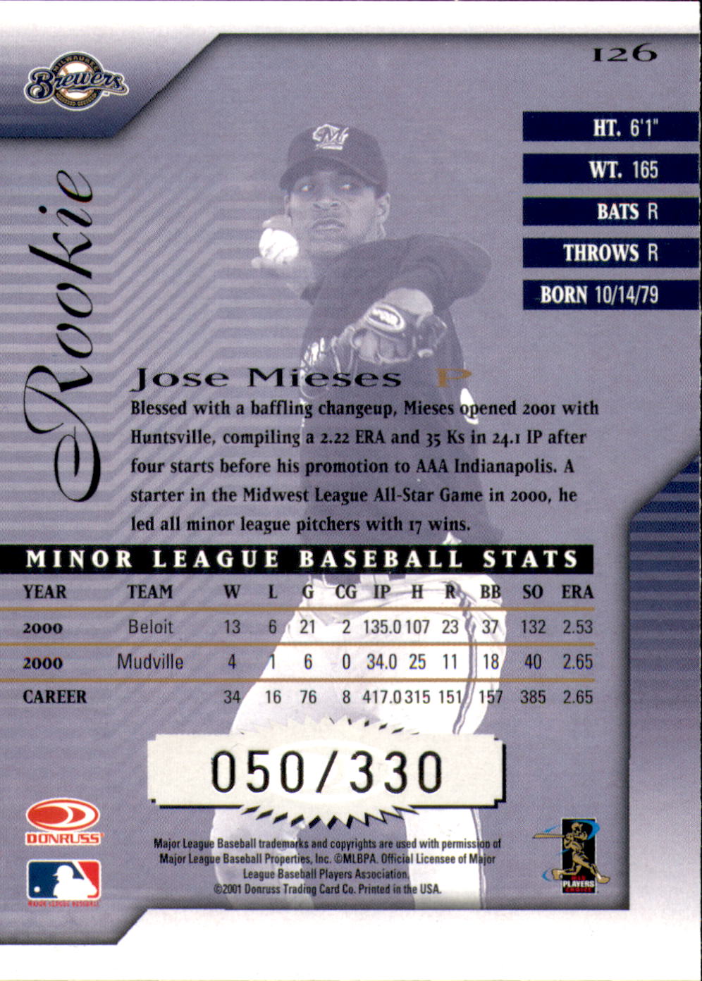 2001 Donruss Signature #126 Jose Mieses AU RC back image