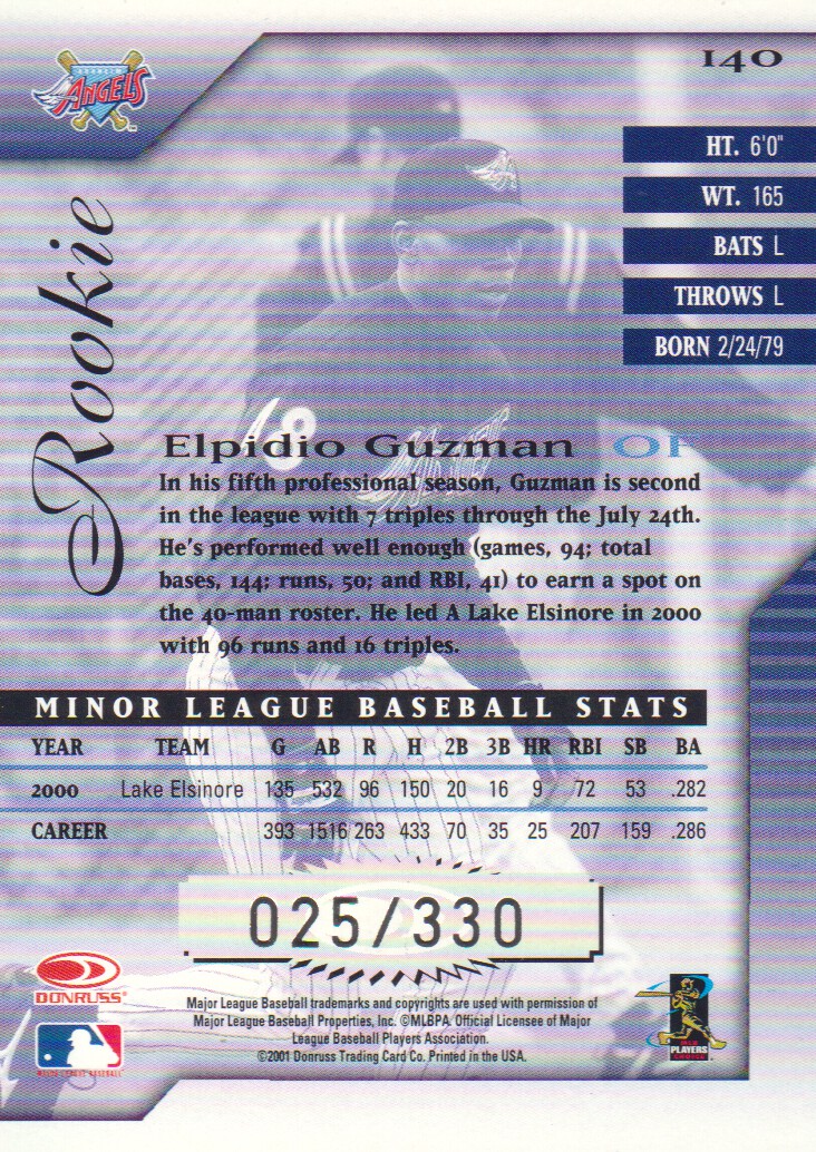 2001 Donruss Signature #140 Elpidio Guzman AU RC back image